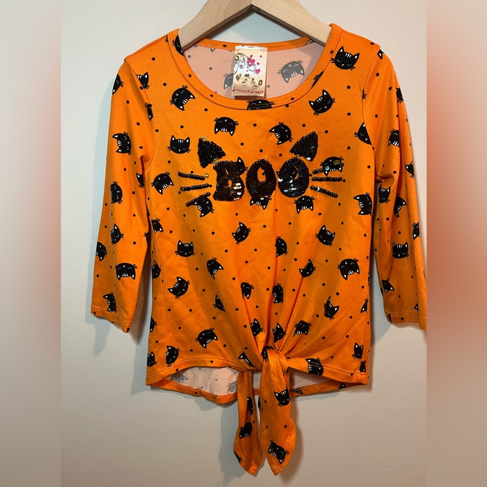 Jenna & Jesse Girls Size 7 Halloween Black Cat sequin 3/4 Sleeves